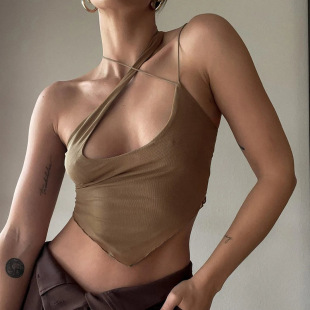 sexy mesh Irregular vest top性感交叉挂脖不规则网纱短背心上衣