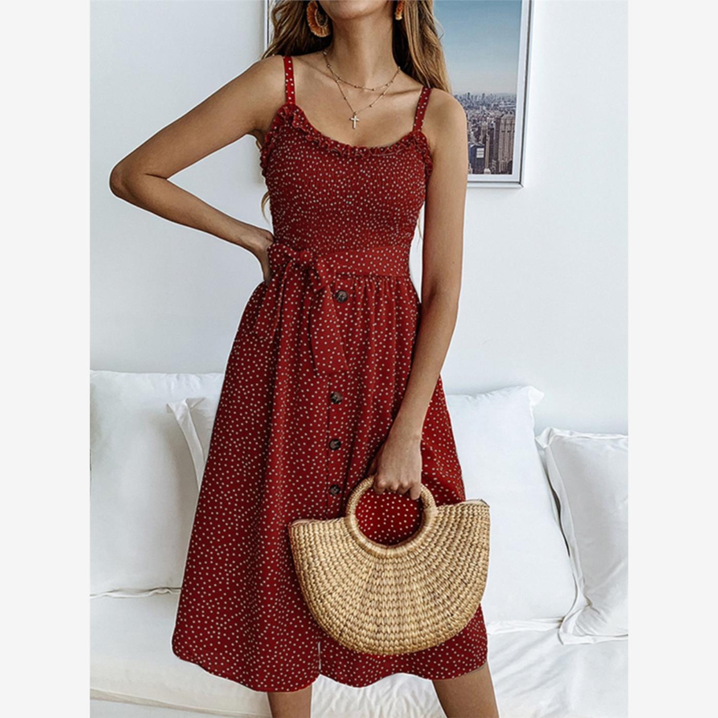 women 2024 summer dress 波点吊带连衣裙度假束腰中长沙滩裙子