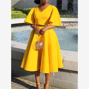 dinner party dresses women ladies skirt喇叭袖V领大裙摆礼服裙