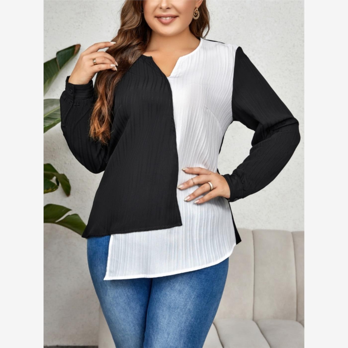 XL-4XL women blouse ladies tops coat拼色不规则气质大码衬衫女
