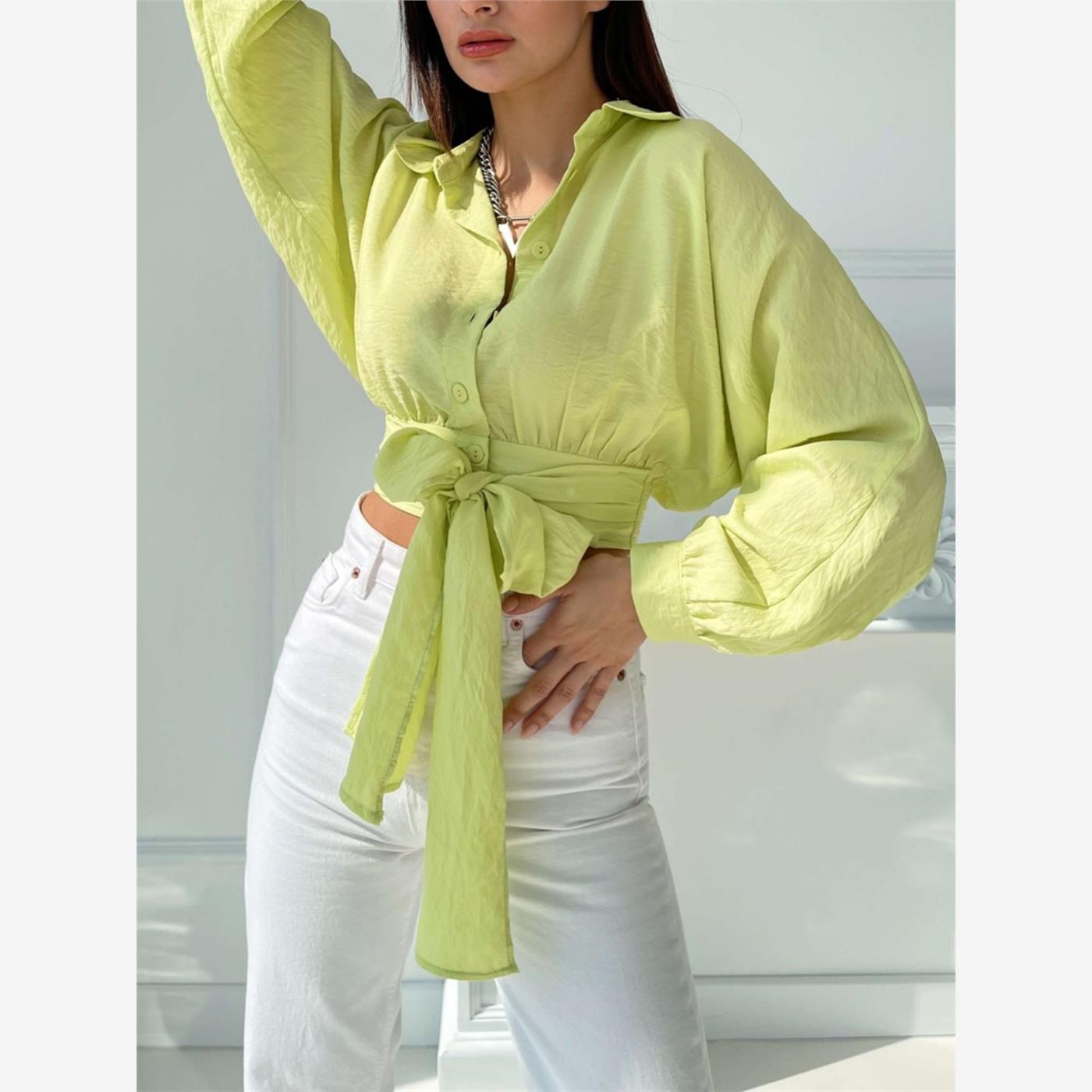 法式ins时尚春秋女短款系带收腰绑带长袖衬衫宽松蝙蝠袖防晒衬衣