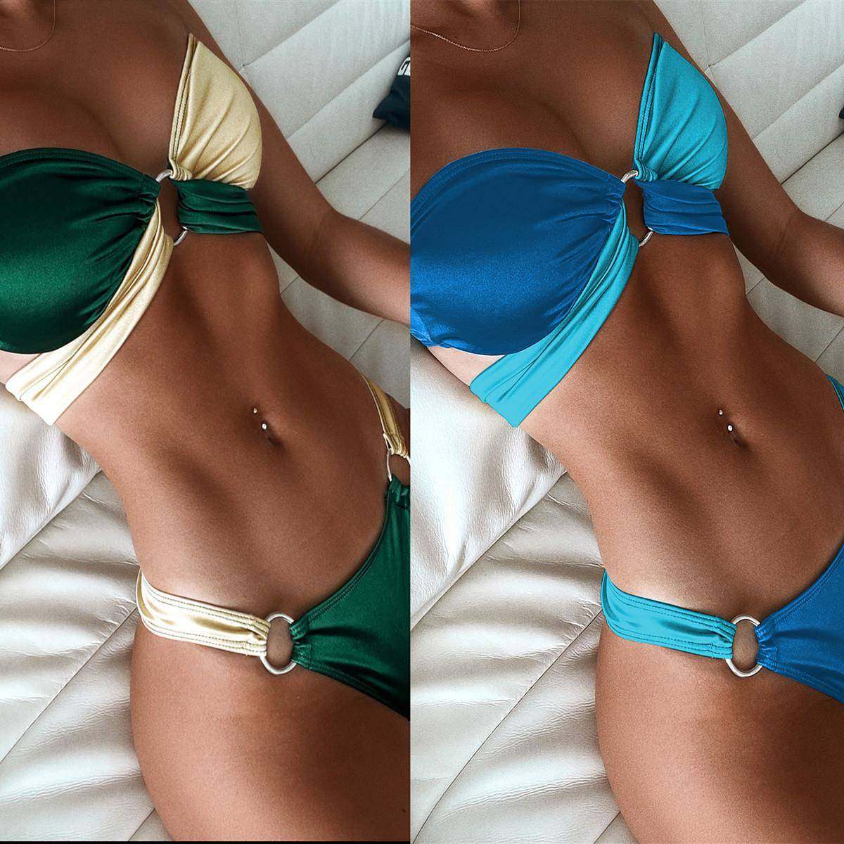 过渡性感ZONE裹胸绑带比基尼撞色显白三角泳衣网纱度假泳衣bikini