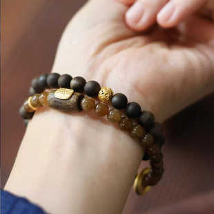 天然奇楠沉香软丝级双圈手链五条经文转运珠桶珠和田玉且末糖手串