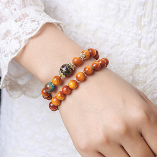 黄金血龙木双圈手串搭配大漆珠铜镀金手工顺纹时尚 百搭饰品手链