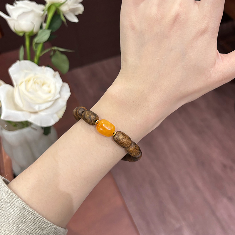 莺歌绿奇楠沉香桶珠手串天然蜜蜡点缀转运珠木质随型文玩手链男女