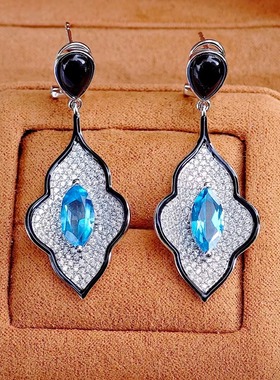 星赞轻奢珠宝轻奢S925银镶天然马眼型托帕石搭配黑色珐琅工艺耳饰