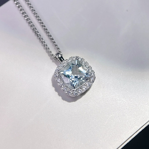 星赞925纯银镀金天然海蓝宝吊坠方形枕形围镶极简轻奢百搭日常款