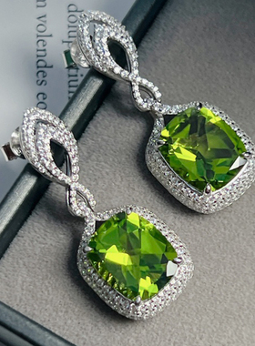 星赞轻奢珠宝S925银镶约10.74克拉天然橄榄石耳环高级欧美设计款