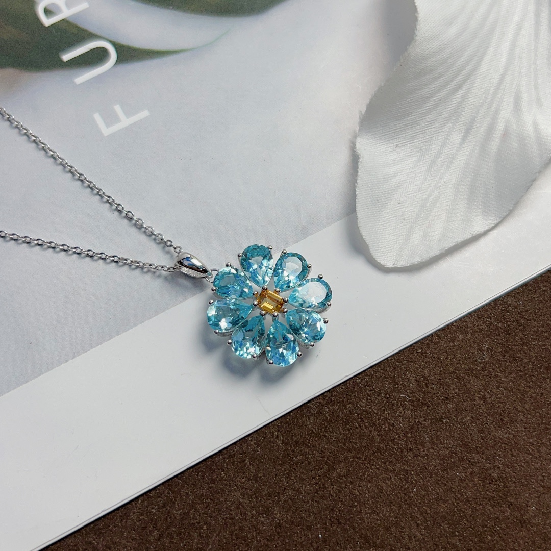 星赞轻奢珠宝S925银镶嵌约6.5克拉天然托帕石太阳花项链精致洋气