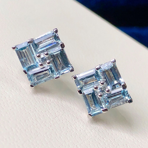 星赞轻奢珠宝S925银镶约2ct天然海蓝宝百搭长梯方拼镶女耳环送礼