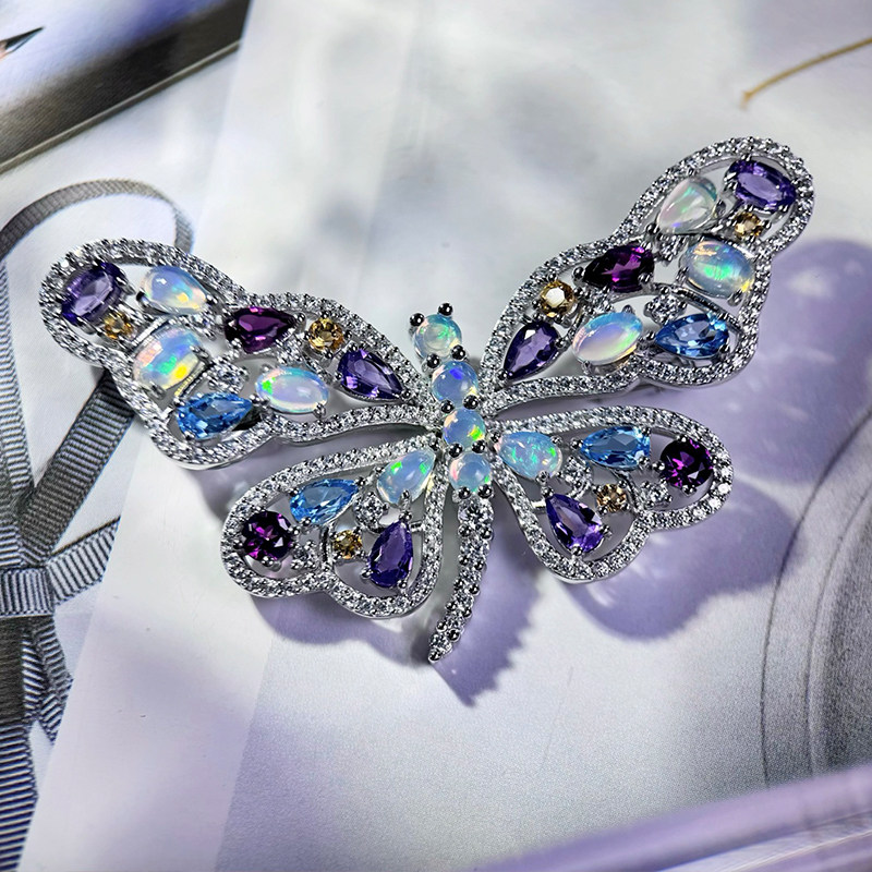 星赞S925纯银镀金天然多宝蝴蝶胸针澳宝黄紫水晶石榴石托帕石轻奢