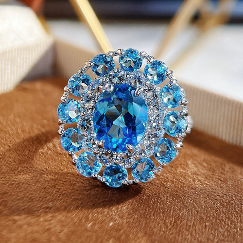 星赞S925纯银镀金圣玛利亚海蓝色天然托帕石戒指中指复古欧美个性