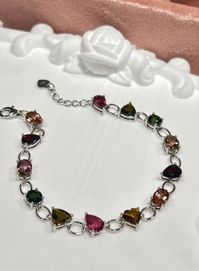 星赞轻奢珠宝S925银镶嵌约3.44克拉天然多彩碧玺爱心水滴切割手链