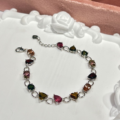 星赞S925纯银镀金约3.44克拉天然彩色碧玺爱心水滴切割手链简约