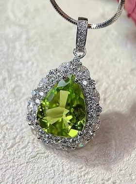 星赞轻奢珠宝925银约4.37克拉天然水滴形橄榄石项链吊坠精致百搭