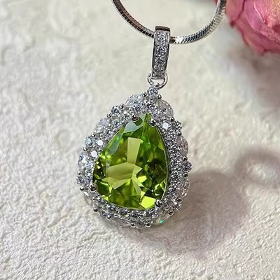 星赞S925纯银镀金约4.37克拉天然水滴形橄榄石项链吊坠精致百搭