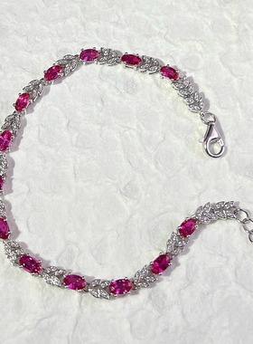 星赞轻奢珠宝S925银镶嵌约3.49克拉天然红宝石椭圆形切割麦穗手链