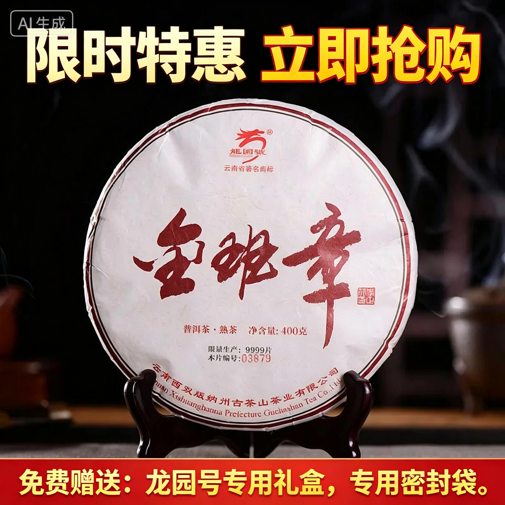 云南普洱茶龙园号普洱茶熟茶金班章400g 云南七子饼茶古树头春茶