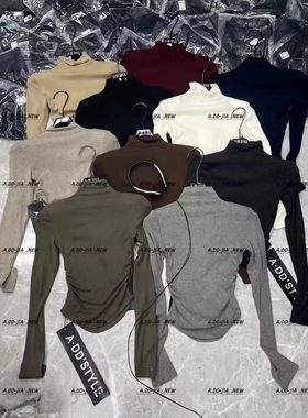 ADD韩版早秋新款修身显瘦半高领设计感长袖T恤内搭打底衫垫肩上衣