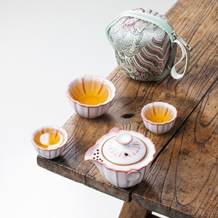 粉汝猪油冻莲韵快客杯旅行茶具一壶三杯便携户外茶具一人独饮茶具