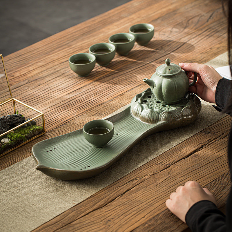 景德镇手工绿色蓄水干泡茶盘中式简约功夫茶具家用小茶台茶托盘