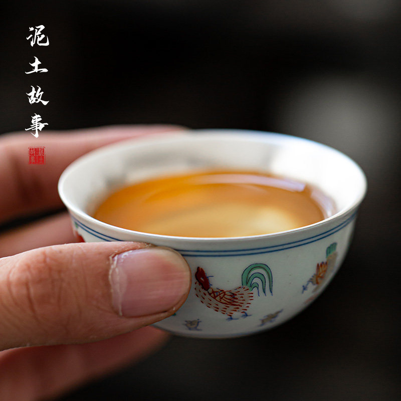 鎏银大明成化斗彩鸡缸杯泥土故事手工仿古玩功夫茶具手绘主人单杯