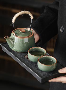 2026新款哥窑功夫茶具小套装家用个人提梁壶泡茶一壶二杯干泡茶盘