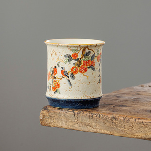 青花火石红柿柿如意高直身杯陶瓷茶杯高端个人专用主人杯喝茶杯子