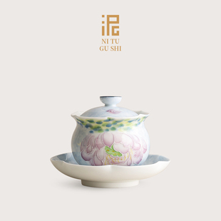 蓝彩手绘荷花布袋三才盖碗女士个人专用茶具一人饮陶瓷敬茶碗泡茶