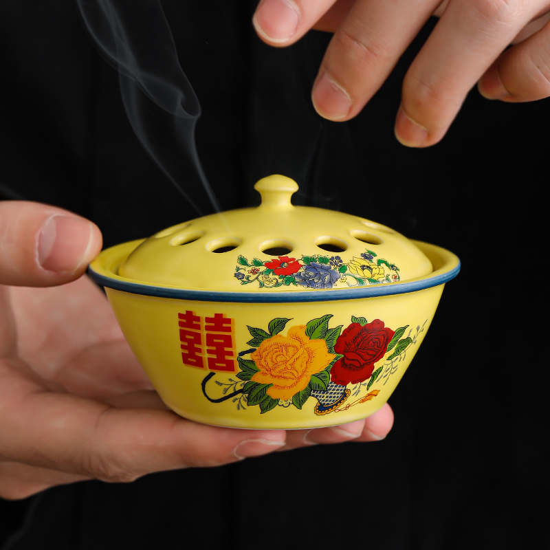 搪瓷双喜盘香炉香薰炉托香插摆件