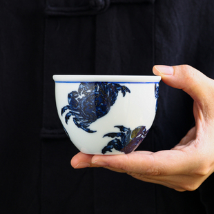 家用泡茶品茶陶瓷杯单杯 仿古青花蟹行天下缸杯茶杯品茗杯子中式