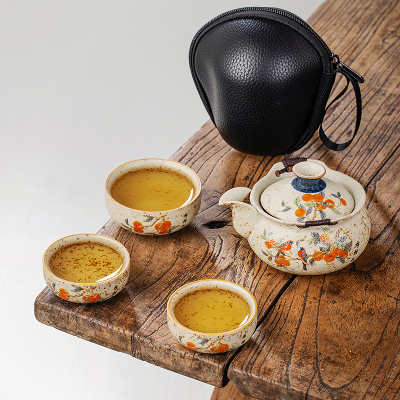 青花红石陶瓷旅行户外便携式茶具