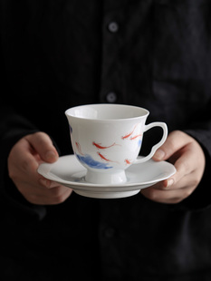 纯手绘水墨画鱼玩咖啡杯搅拌高端精致陶瓷下午茶餐具茶具英式茶杯