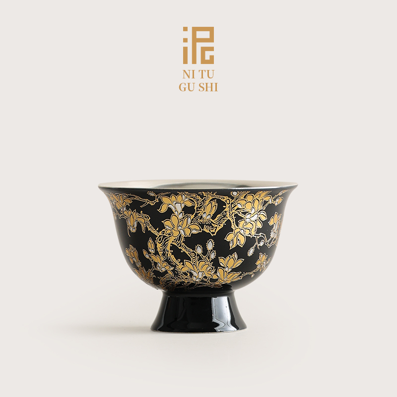 鎏银高脚杯金枝玉兰陶瓷茶杯高档