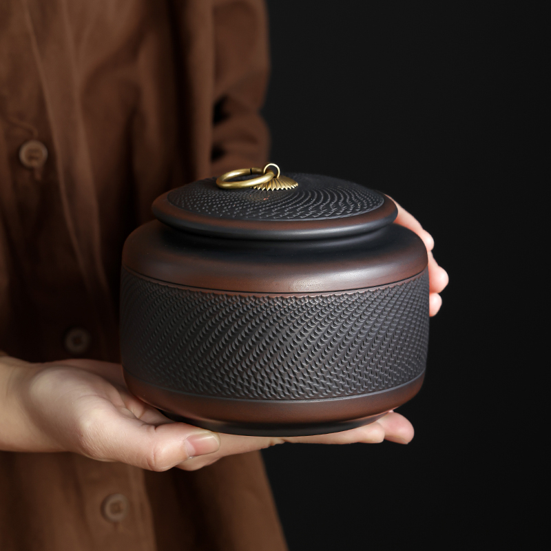 泥土故事紫陶跳刀扁茶叶罐