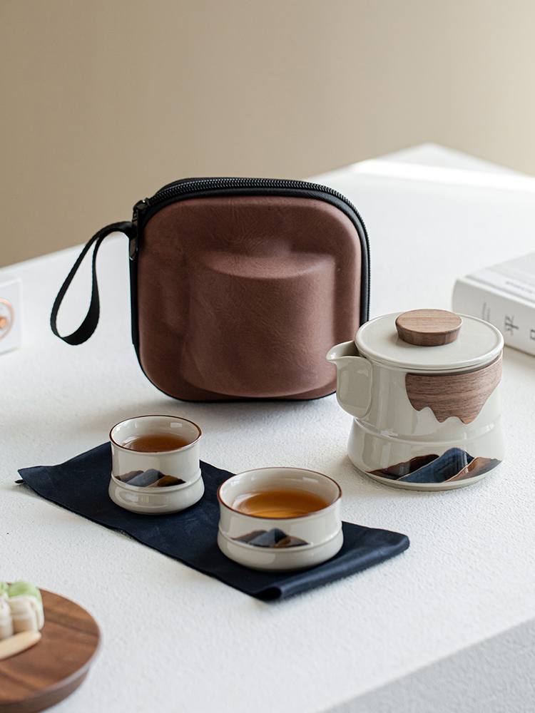 陶瓷旅行茶具套装一壶二杯户外露营便携式泡茶壶茶杯一人用快客杯