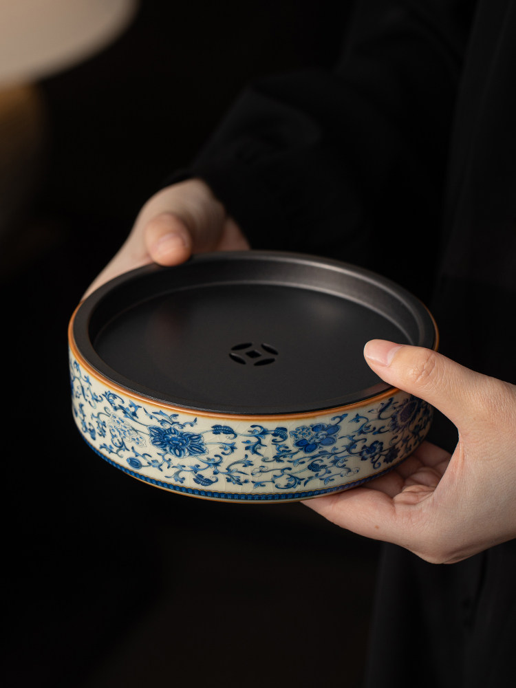 汝窑青花缠枝莲陶瓷壶承中式紫砂壶垫家用储水干泡台托盘茶道零配