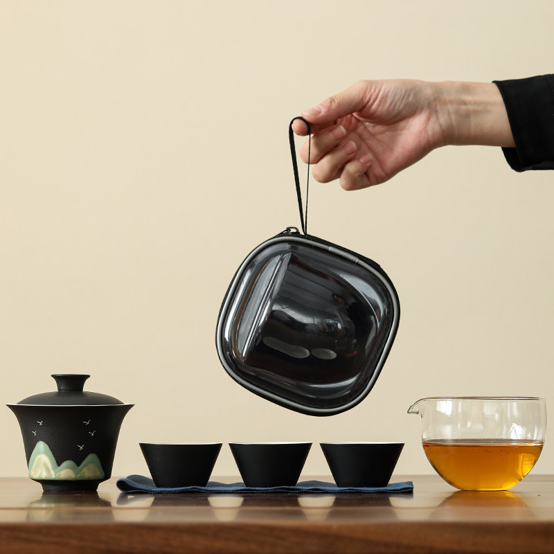 千里江山旅行茶具套装便携式一壶三杯随身定制快客杯喝茶户外露营,餐饮具,旅行茶具,淘宝优惠券,粉丝福利购,淘宝优惠卷