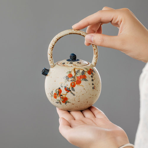 青花火石红柿柿如意提梁壶茶壶