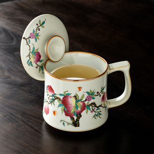汝窑陶瓷九桃五福泡茶水杯办公室个人高档陶瓷杯带盖马克杯子定制
