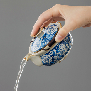 汝窑描银青花盖碗茶杯单个高档泡茶壶手抓壶茶具茶碗带盖泡茶杯