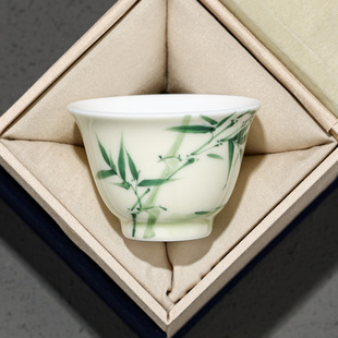 纯手绘翠釉绿竹清心茶杯家用高档陶瓷个人专用喝茶品茗闻香单杯