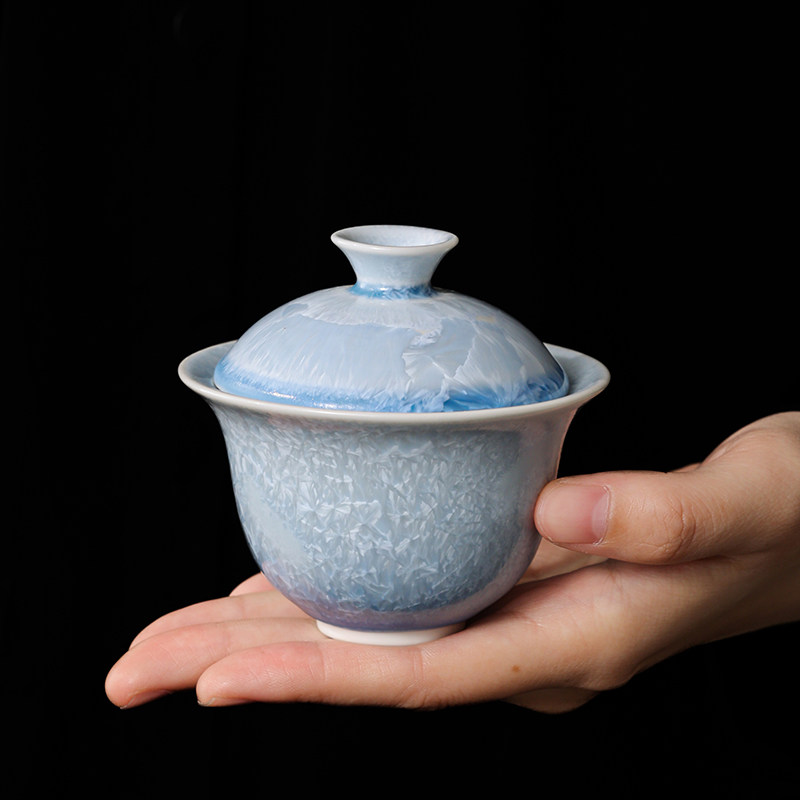 陶瓷窑变结晶釉二才盖碗茶杯家用高档冰花泡茶碗不烫手茶具定制