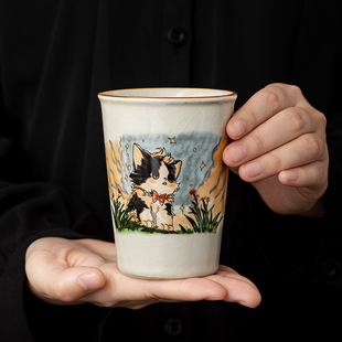 汝窑可爱猫可乐杯主人杯单个专用高档大容量茶杯定制茶具开片可养