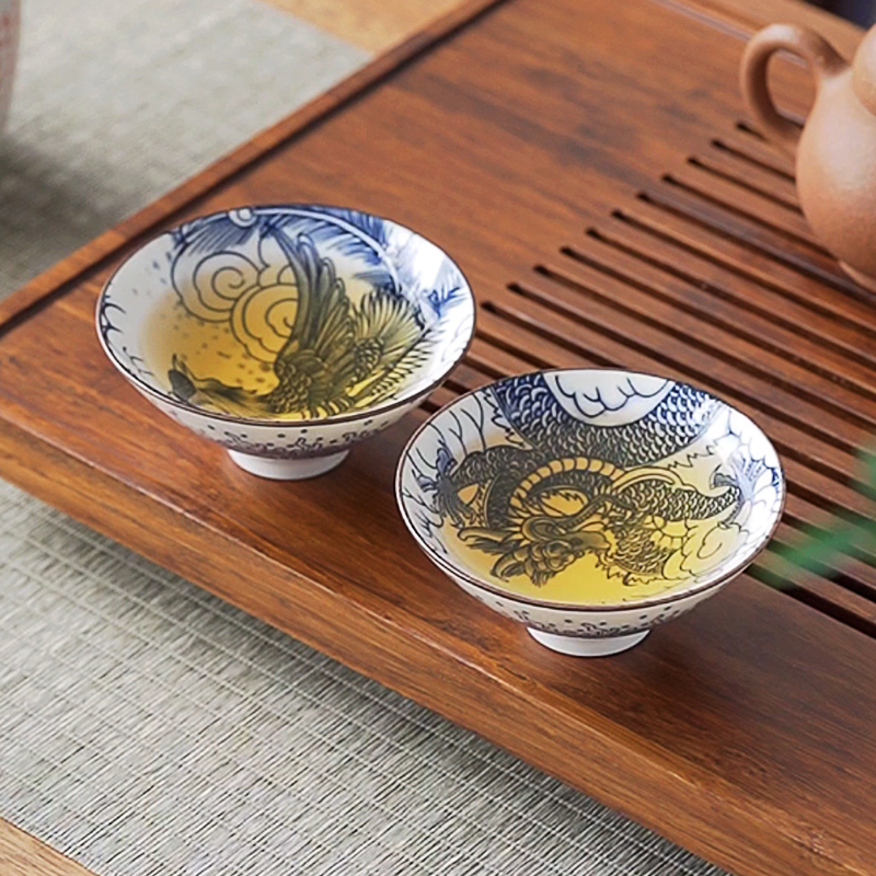 青花瓷茶杯茶盏斗笠杯套装功夫茶具陶瓷主人杯手绘品茗杯