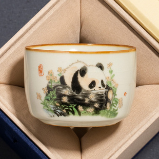 陶瓷汝窑熊猫主人杯单杯个人专用高档茶杯品茗杯家用喝茶杯定制