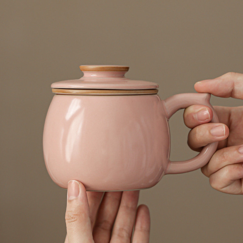 粉红汝窑办公杯个人专用茶杯陶瓷带盖子泡茶杯家用办公室茶水分离