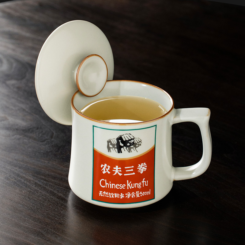 汝窑农夫三拳陶瓷马克杯带盖子家用大容量创意泡茶杯水杯办公杯定