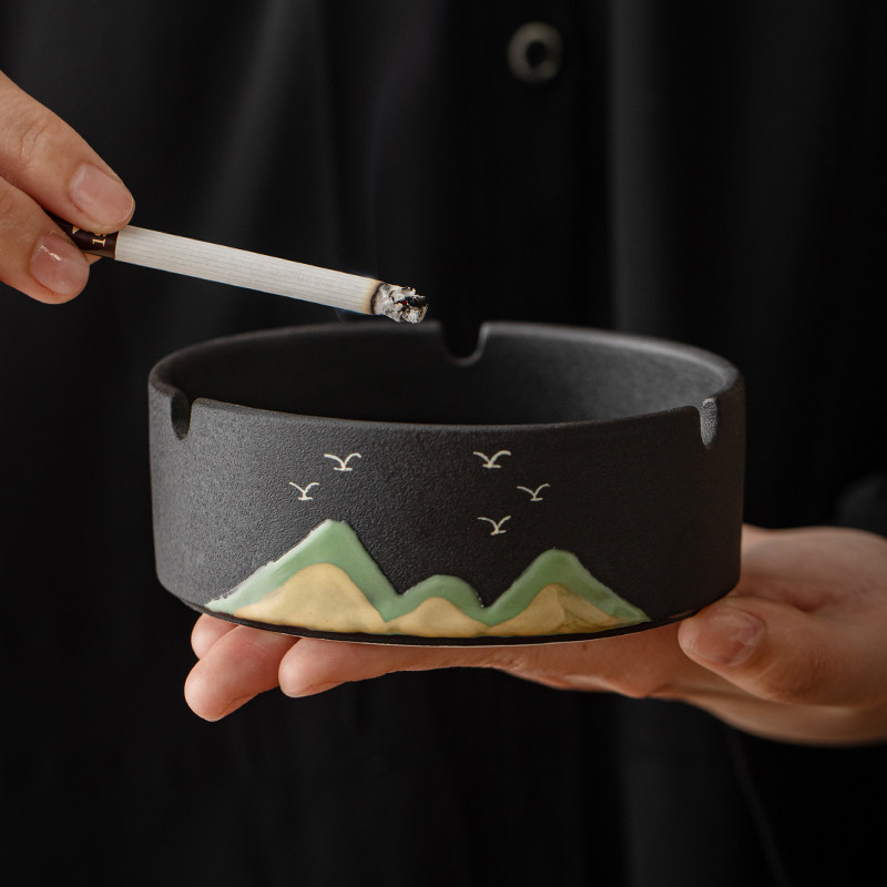 千里江山陶瓷烟灰缸中式装饰品