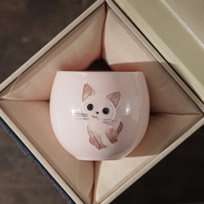 陶瓷粉色猫咪茶杯主人杯单杯女个人专用功夫茶具高级茶盏礼盒装,餐饮具,茶杯,淘宝优惠券,粉丝福利购,淘宝优惠卷